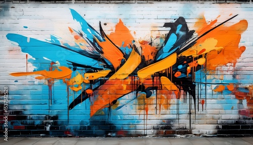 colorful abstract urban graffiti wall art with orange blue and black accents on distressed white brick background creating a vibrant visual texture