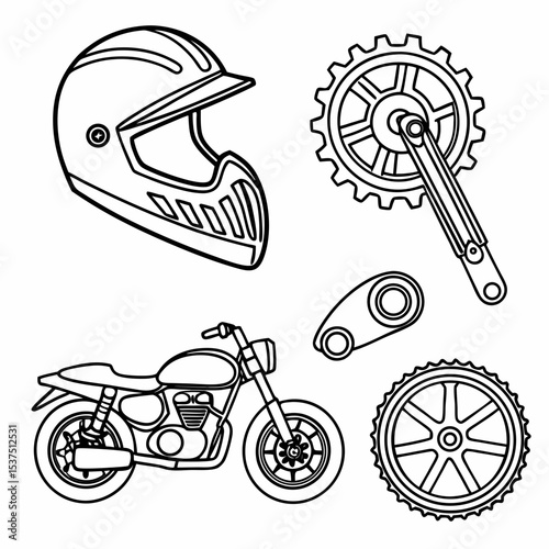 Motorcycle and Gear: A striking monochromatic collection features a classic motorcycle alongside essential components and safety gear, ready to hit the open road.