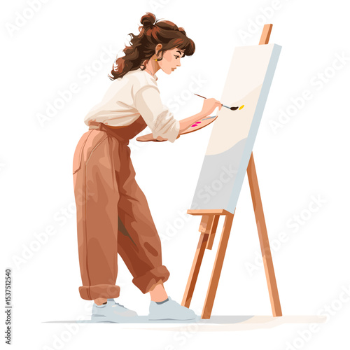 Cartoon woman painting on blank canvas with brush and palette, vector illustration
