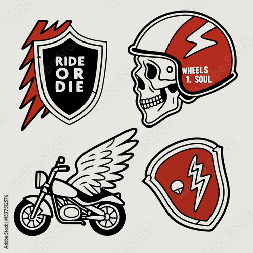 Retro Motorcycle Culture Badges: A collection of vintage motorcycle-themed badges and emblems, showcasing the spirit of freedom, adventure, and the open road in a classic, stylish design.