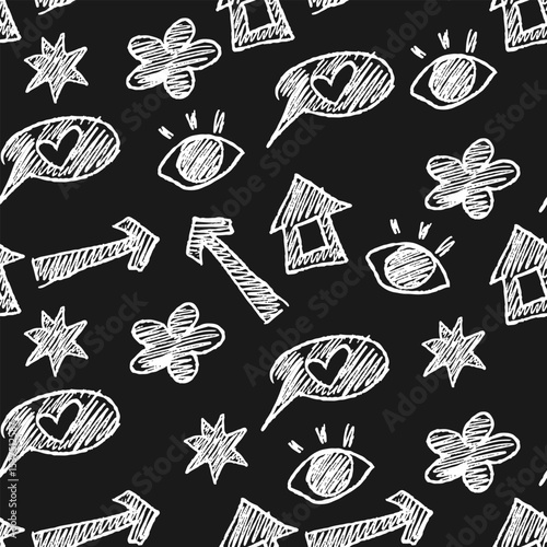 Seamless monochrome pattern with randomly placed white handwritten scribbles on black background. Vector illustration