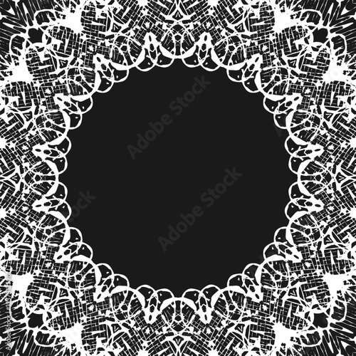 Square lace frame with round opening. White on black. Vector illustration