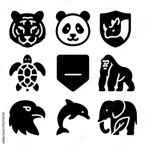 Endangered Species Icons. Solid style icons of endangered species: tiger icon, panda face, rhino with shield, sea turtle, gorilla