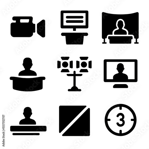 Broadcast Icons Collection. Solid style icons of broadcast visuals: news camera, teleprompter, green screen, anchor desk, newsroom