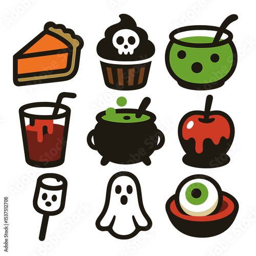 Halloween Food Icons. Solid style icons of Halloween food and drink: pumpkin pie, spooky cupcake, green punch, bone-shaped cookie,