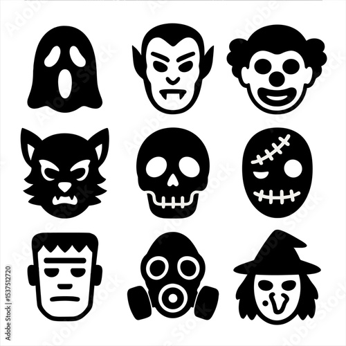 Solid Halloween Masks. Solid style icons of Halloween masks: ghost mask, vampire mask, clown mask, werewolf mask, skull mask,