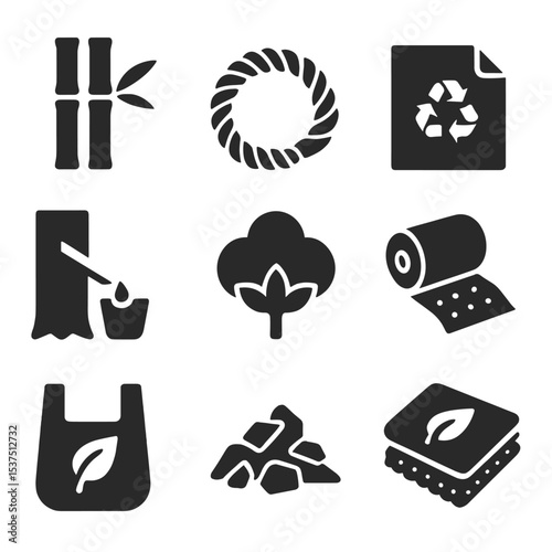 Renewable Material Icons. Solid style icons of renewable materials: bamboo stalk, hemp rope, recycled metal, natural rubber,