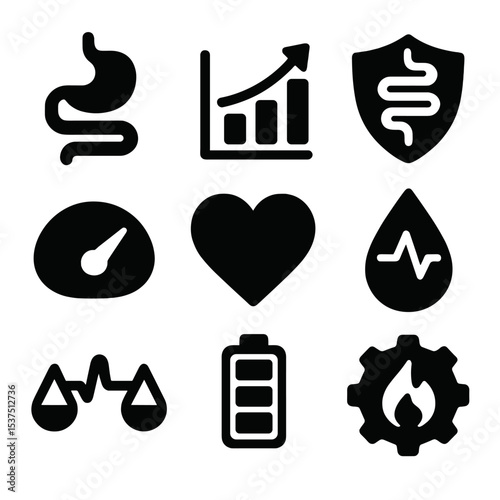 Dietary Fiber Icons. Solid style icons of dietary fiber benefits: digestive system icon, regularity chart, gut health shield,