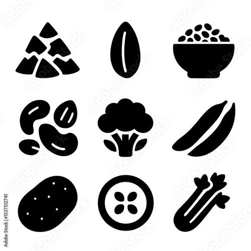 Insoluble Fiber Icons. Solid style icons of insoluble fiber sources: wheat bran, brown rice, whole grain cereal, nuts mix,