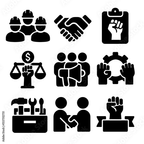 Union Icons Collection. Solid style icons of cooperatives and unions: workers circle, solidarity icon, union document, fair pay