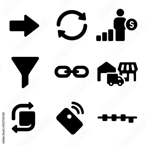 Resource Flow Icons. Solid style icons of resource flow: input arrow, reuse cycle, sort and sell, resource funnel, recovery chain,