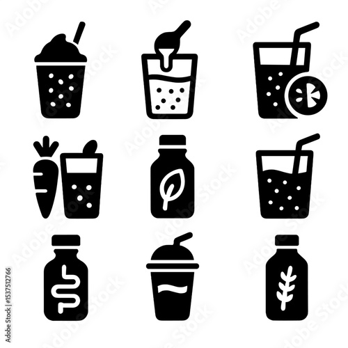 Solid Fiber Drink Icons. Solid style icons of fiber in beverages: smoothie with seeds, fiber powder in water, fruit juice with