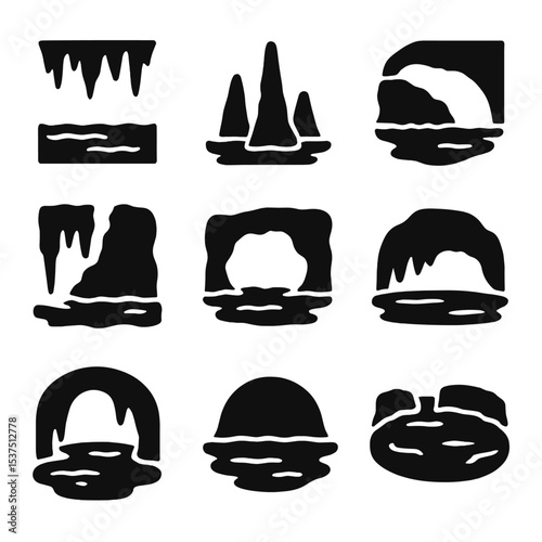 Cave Formations Icons. Solid style icons of cave formations with water: stalactites over water, stalagmites in stream, flowstone