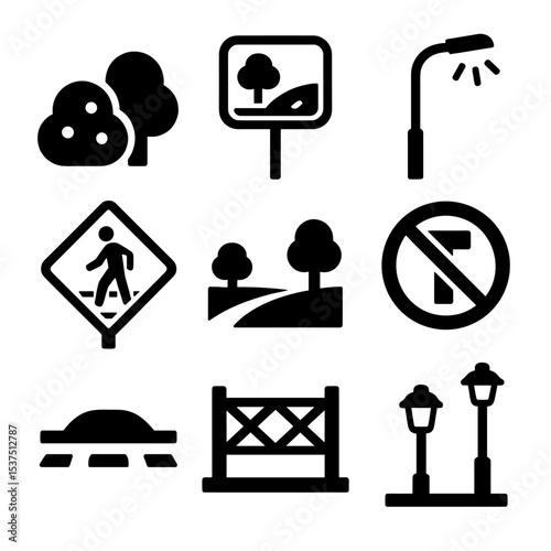 Safe Infrastructure Icons. Solid style icons of safe neighborhood infrastructure: trimmed bushes, street mirror, working