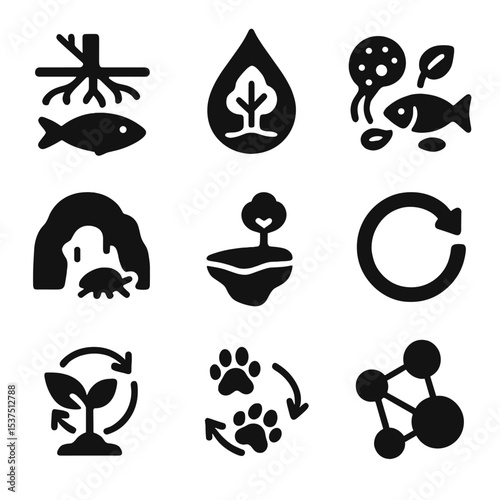 Hidden Ecosystems Icons. Solid style icons of hidden ecosystems: fish under root, water droplet ecosystem, micro food chain, cave
