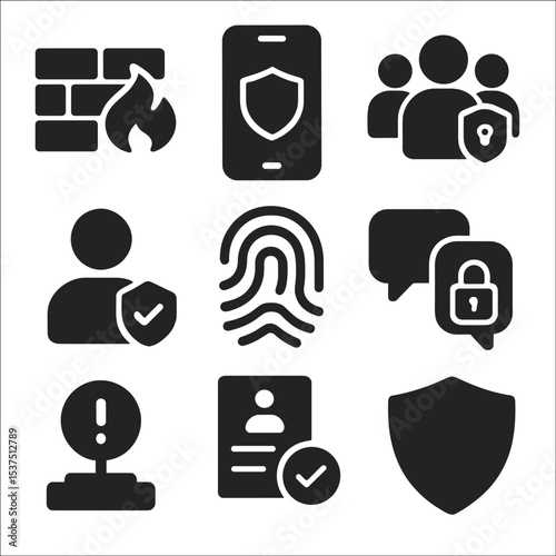 Cyber Defense Icons. Solid style icons of cyber community defense: firewall icon, security app, private group icon, safe profile,