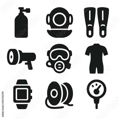 Cave Diving Gear Icons. Solid style icons of cave diving gear: oxygen tank, diving helmet, flipper fins, waterproof light,