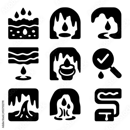 Cave Water Purification Icons. Solid style icons of water filtration in caves: natural filter rocks, mineral purifier, clean drip,