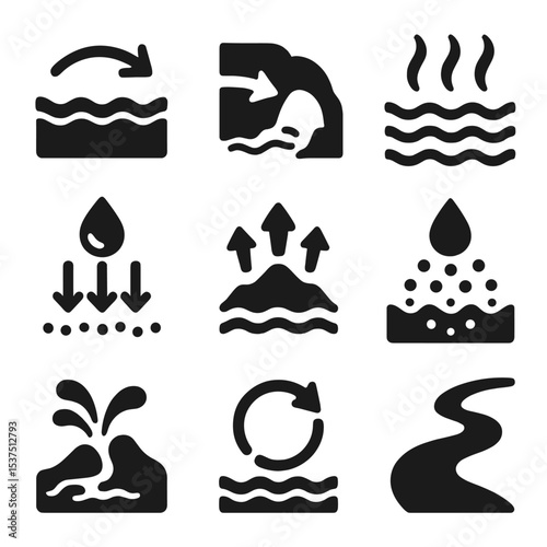 Natural Water Cycle Icons. Solid style icons of natural water cycles: underground flow, surface to cave arrow, evaporation symbol,