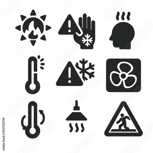 Temperature Hazard Icons. Solid style icons of temperature-related hazards: overheating icon, frostbite warning, heat exhaustion