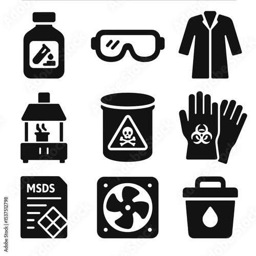 Chemical Safety Icons. Solid style icons of chemical safety: labeled container, chemical goggles, lab coat, fume hood, hazardous