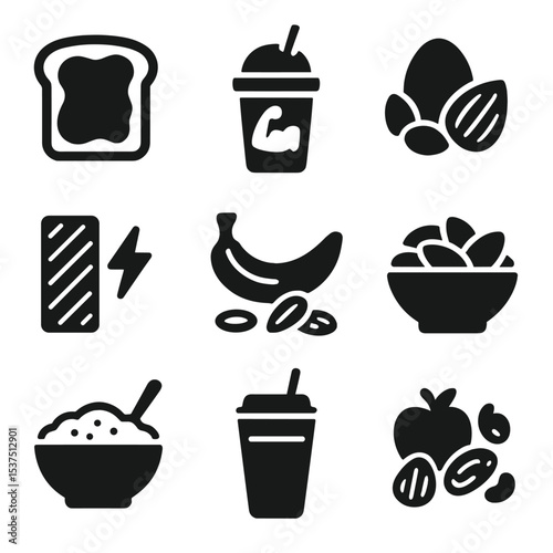 High-Energy Breakfast Icons. Solid style icons of high-energy breakfast options: peanut butter toast, protein smoothie, egg and