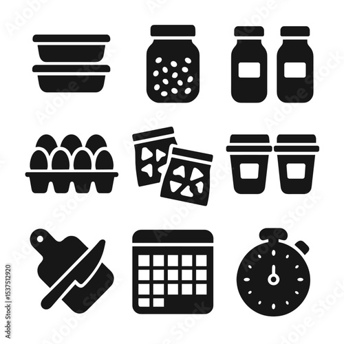 Breakfast Meal Icons. Solid style icons of breakfast meal prep: meal containers, portioned oats, labeled smoothie jars, boiled egg