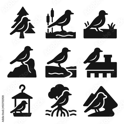 Bird Habitat Icons. Solid style icons of bird habitats: forest tree icon, wetland patch, open field, rocky cliffside, lakeshore