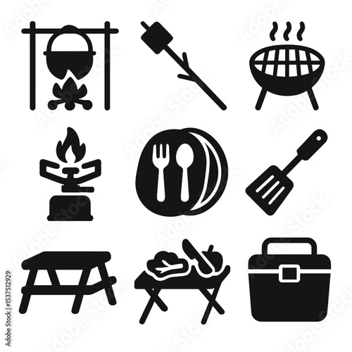 Outdoor Cooking Icons. Solid style icons of outdoor and camp cooking: campfire pot, stick marshmallow, grill grate, camp stove,