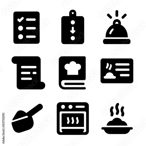 Recipe Process Icons. Solid style icons of recipe process: ingredients list, step-by-step board, timer bell, instruction scroll,