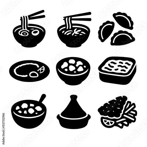 Comfort Food Icons. Solid style icons of international comfort food: ramen bowl, pho soup, pierogi dumplings, schnitzel, butter