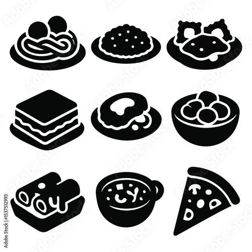 Italian Comfort Food Icons. Solid style icons of Italian comfort food: spaghetti and meatballs, risotto plate, ravioli with sauce,