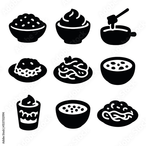 Creamy Comfort Dishes Icons. Solid style icons of creamy comfort dishes: creamy risotto, creamy mashed cauliflower, cheese fondue,