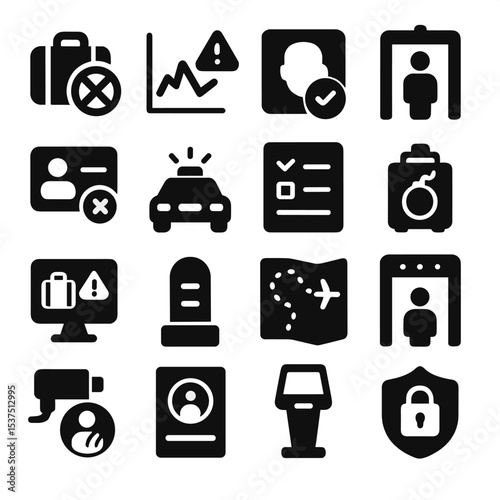 Airport Security Icons. Solid style icons of airport security: restricted baggage notice, dynamic risk alert chart, facial match