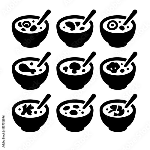 Creamy Soup Icons. Solid style icons of creamy soups and chowders: clam chowder, tomato bisque, potato leek soup, chicken corn
