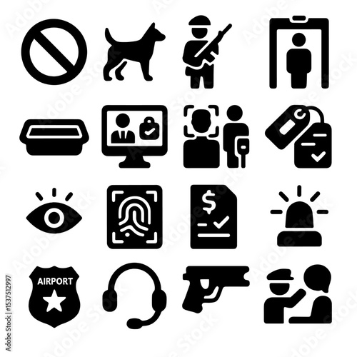 Airport Security Icons. Solid style icons of airport security: restricted area sign, security dog, armed guard, checkpoint barrier