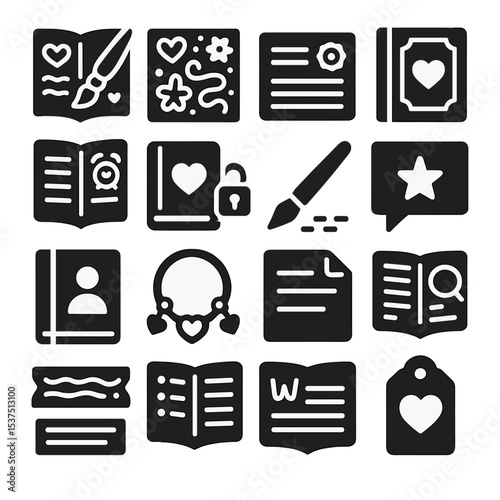 Journaling Icon Collection. Solid style icons of journaling: art journaling page, mindful doodle zone, writing cue card,
