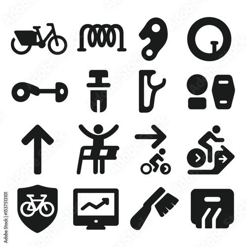 Cycling Icon Set. Solid style icons of cycling: cargo bike, bike rack, derailleur hanger, inner tube, quick release lever, bar-end