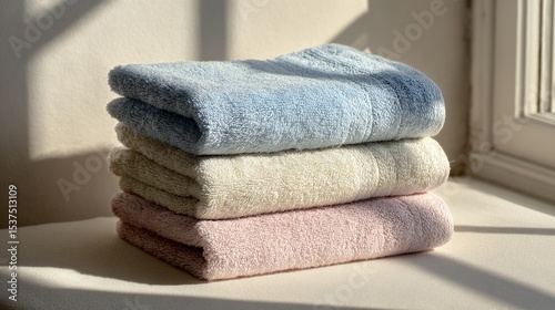 Soft Towels Stacked Neatly on a Table Illuminated by Natural Light in a Cozy ...