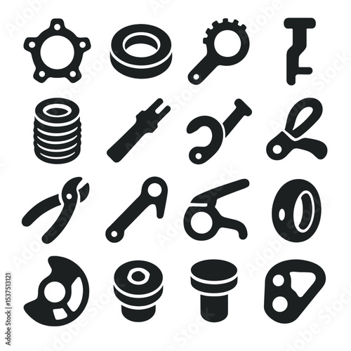 Bicycle Parts Icons. Solid style icons of bicycle parts: chainring offset spacer, headset bearing cover, BB wrench tool, chainring