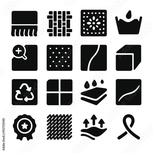 Fabric Icons Collection. Solid style icons of fabric: decorative fringe cloth, artisan weave icon, vintage pattern textile,