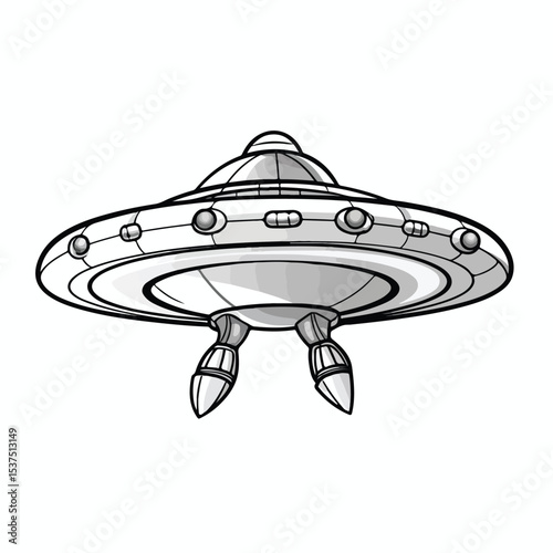 Detailed Black and White UFO Alien Spaceship Cartoon Illustration in Vector Format