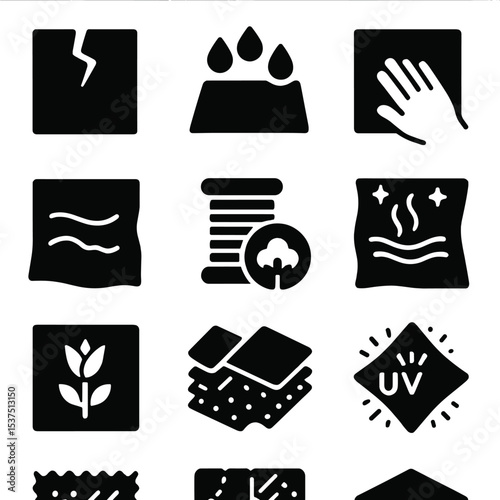 Fabric Icons Collection. Solid style icons of fabric: tear-resistant sheet, stain-repellent fabric, soft-touch texture, wrinkled
