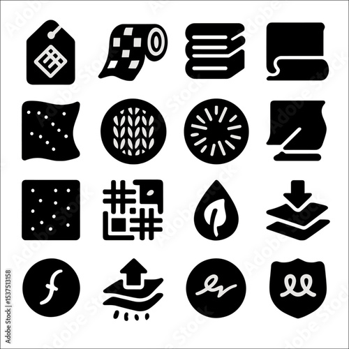 Fabric Iconography. Solid style icons of fabric: artisan textile label, quilting cotton roll, fabric ream stack, fabric
