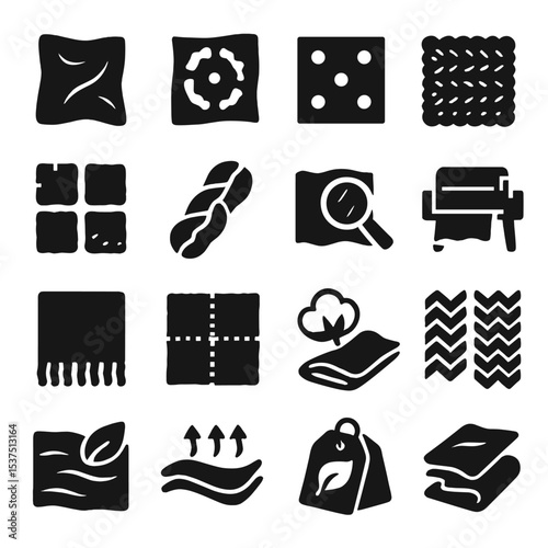 Fabric Icon Collection. Solid style icons of fabric: creased cloth icon, hand-dyed fabric, polka dot textile, textured knit sample