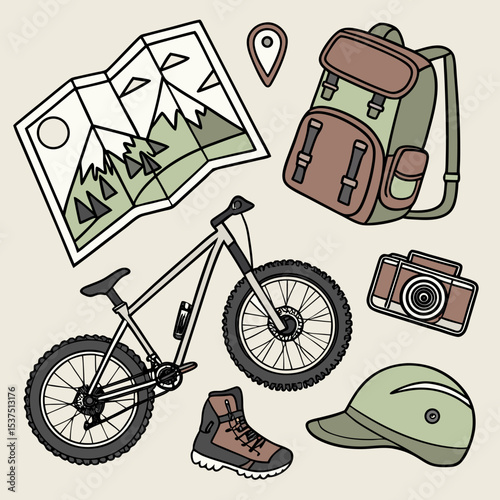 A vintage set of bicycle icons illustrates diverse cycling experiences, from mountain bike adventures to leisurely rides with a child