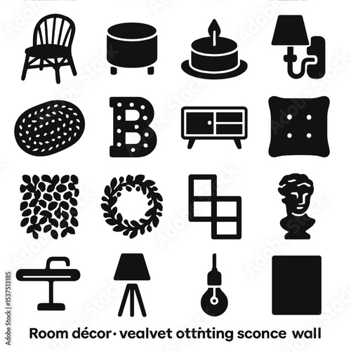 Room Decor Icons. Solid style icons of room décor: rattan chair, velvet ottoman, candle plate, wall-mounted lighting sconce,