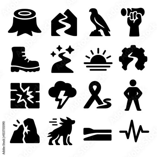 Perseverance Icon Collection. Solid style icons of perseverance symbols: endurance tree stump, mountain road zigzag, eagle perched