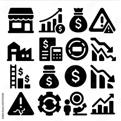Economy Icons Collection. Solid style icons of economy: retail economy zone, tax compliance chart, wealth management icon,
