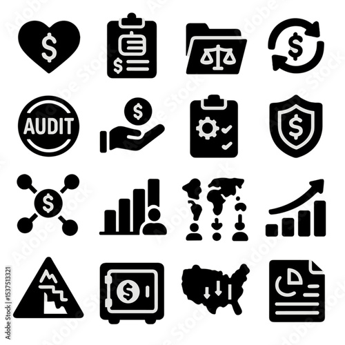 Economy Icon Set. Solid style icons of economy: nonprofit economy icon, household budget worksheet, policy-making folder, cash